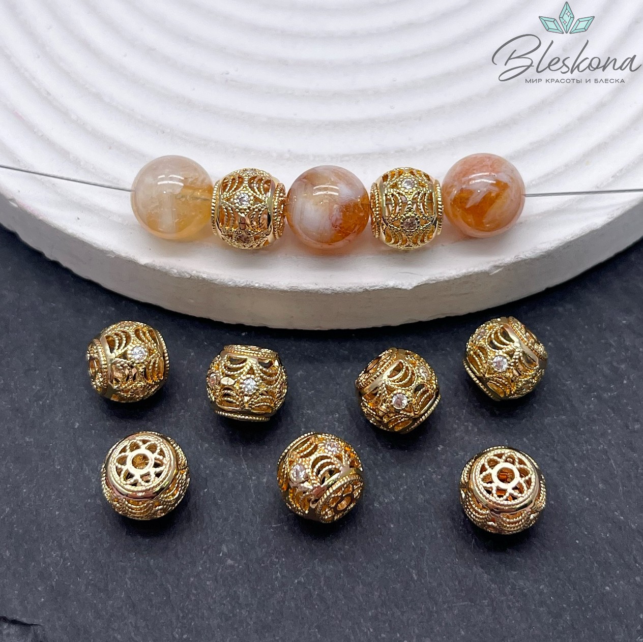 9*10 мм Цвет золото, Бусина - разделитель бочонок с цирконами