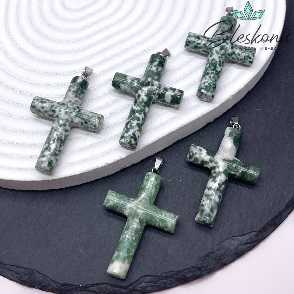 Подвеска крест Яшма зеленая пятнистая, цвет серебро 43*28 мм