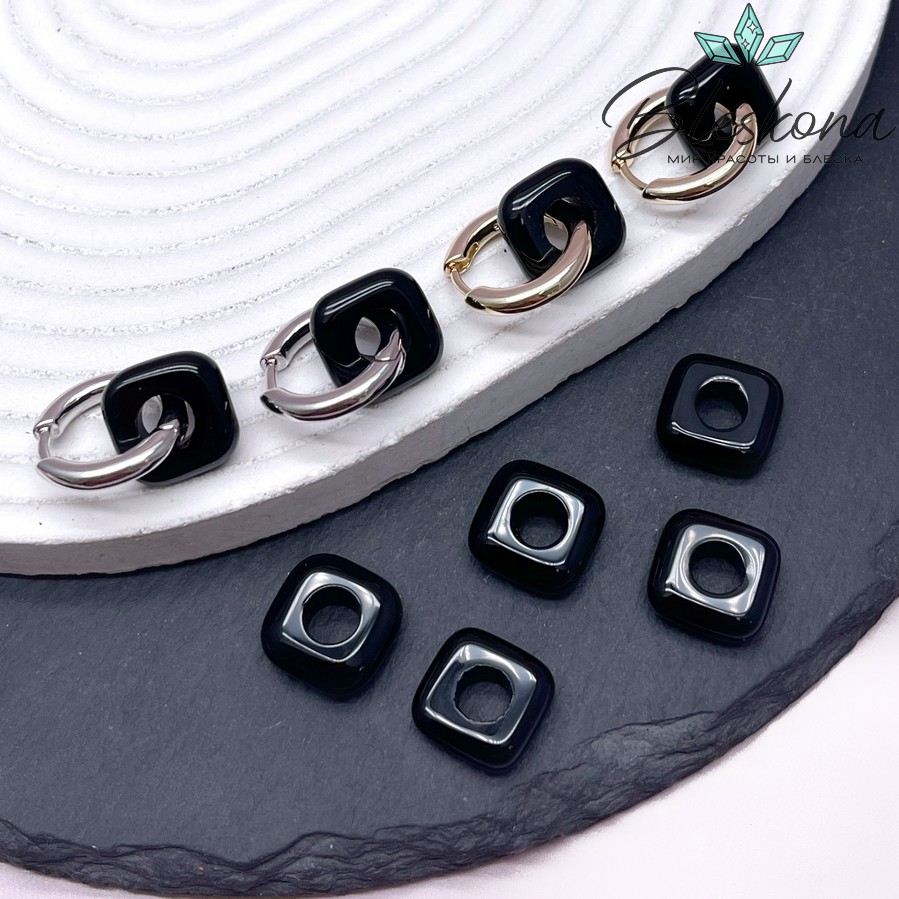 Бублик-квадрат черный агат 14 мм