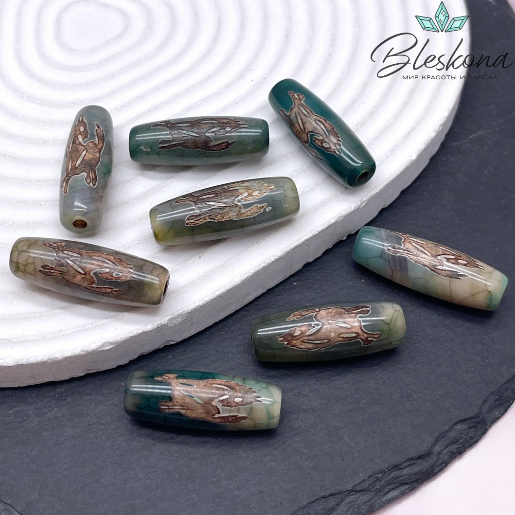 Бусина Дзи Конь Тассо (Лошадь) зелено-коричневый бочонок 30*11 мм