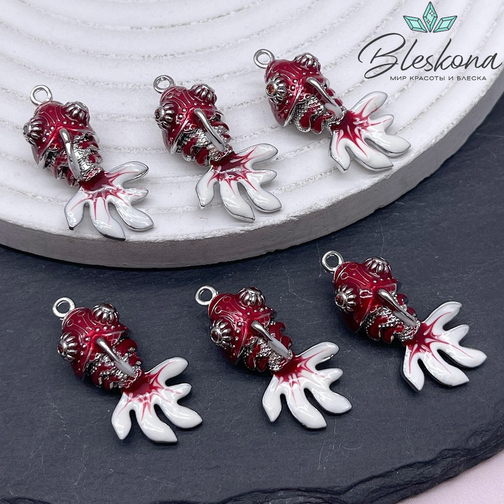 28*14 мм Цвет серебро, Подвеска рыбка бордовая эмаль, цирконы
