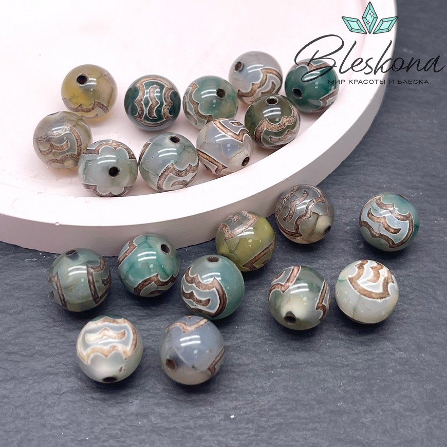 Бусина Дзи Птица Гаруда зелено-коричневый шар 10 мм уп.10 шт.