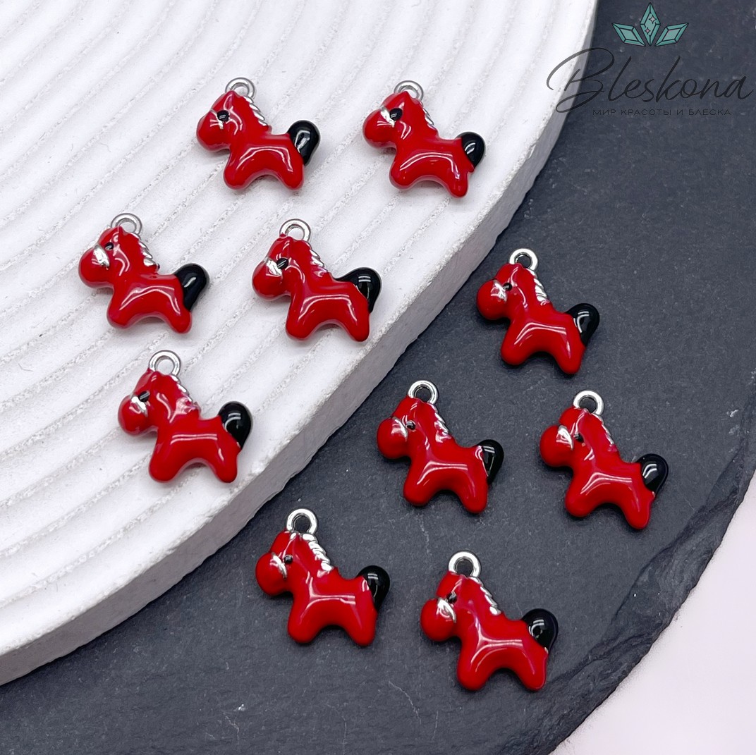 14,5*15 мм Цвет серебро, Подвеска  Лошадка красная эмаль