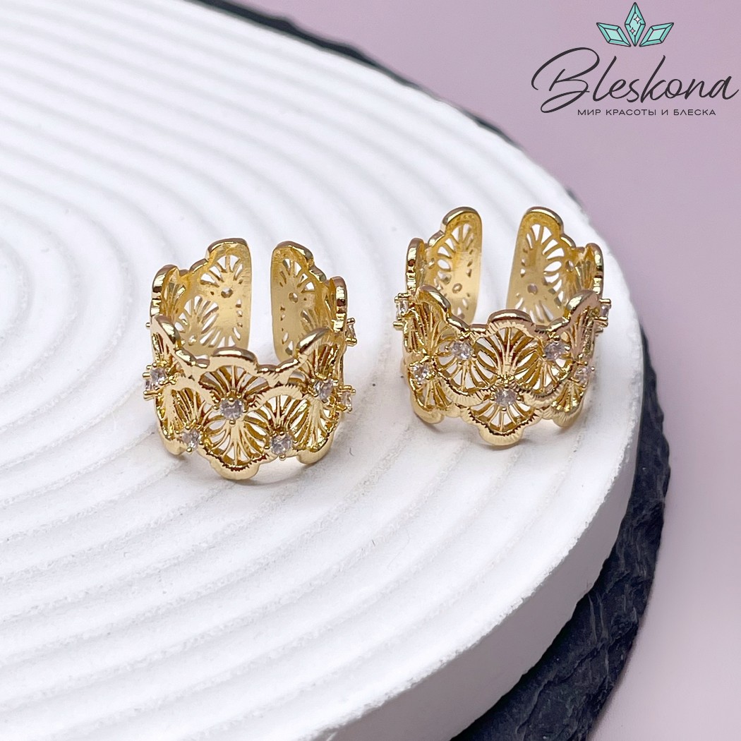 20,5 мм Цвет золото, Кольцо безразмерное узор с цирконами 