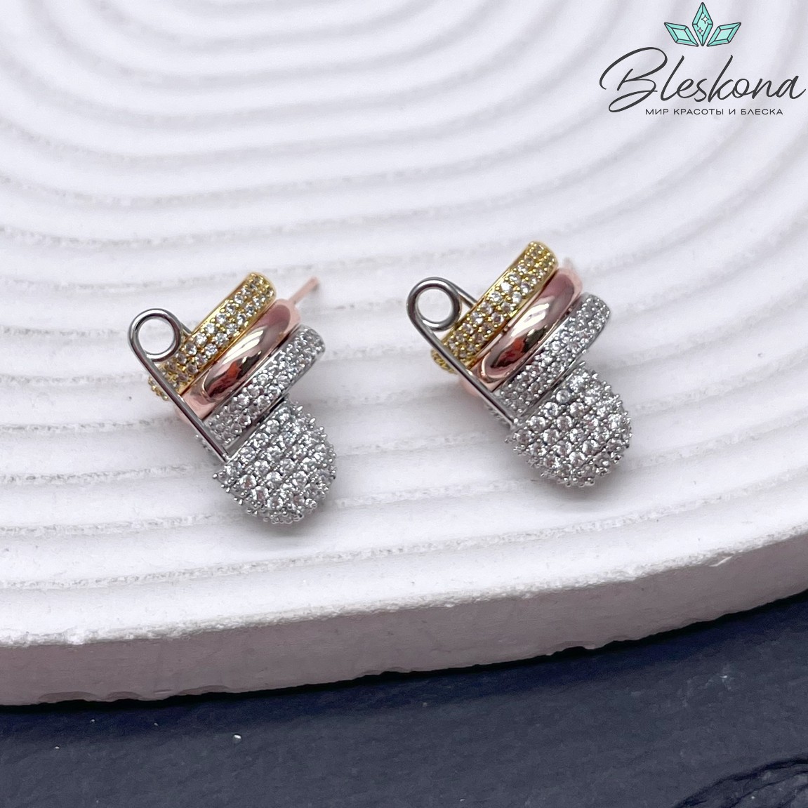 13*21 мм цвет биколор, Пусеты полусфера с булавкой цирконы 