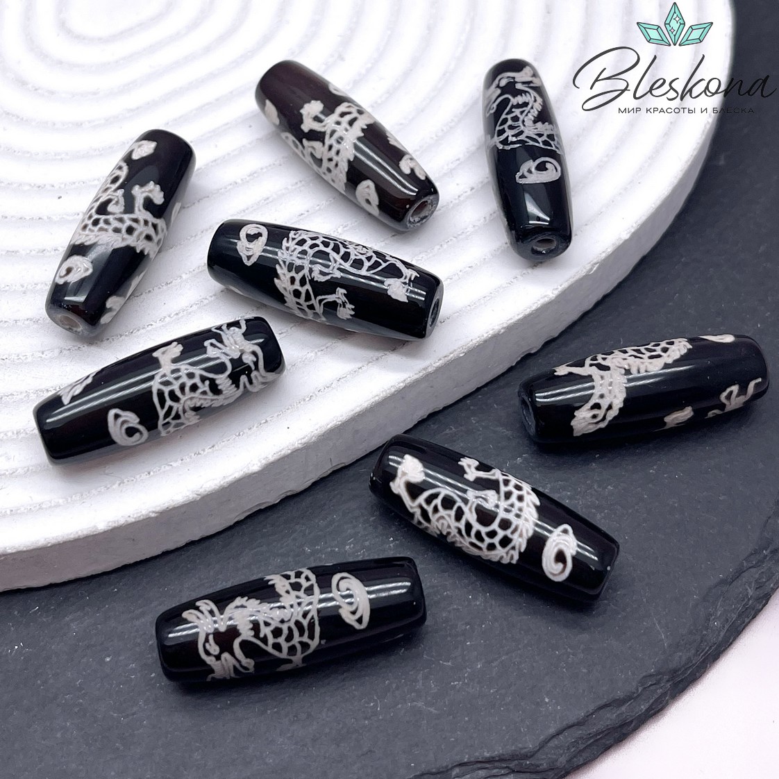 Бусина Дзи Дракон черно-белый бочонок №1 30*11 мм