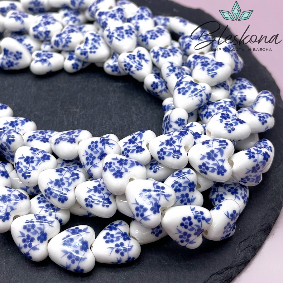 15*15 мм Керамика Бусина сердце роспись гжель №2