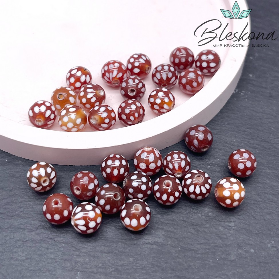 Бусина Дзи точки бело-коричневый шар 8 мм уп.15 шт.