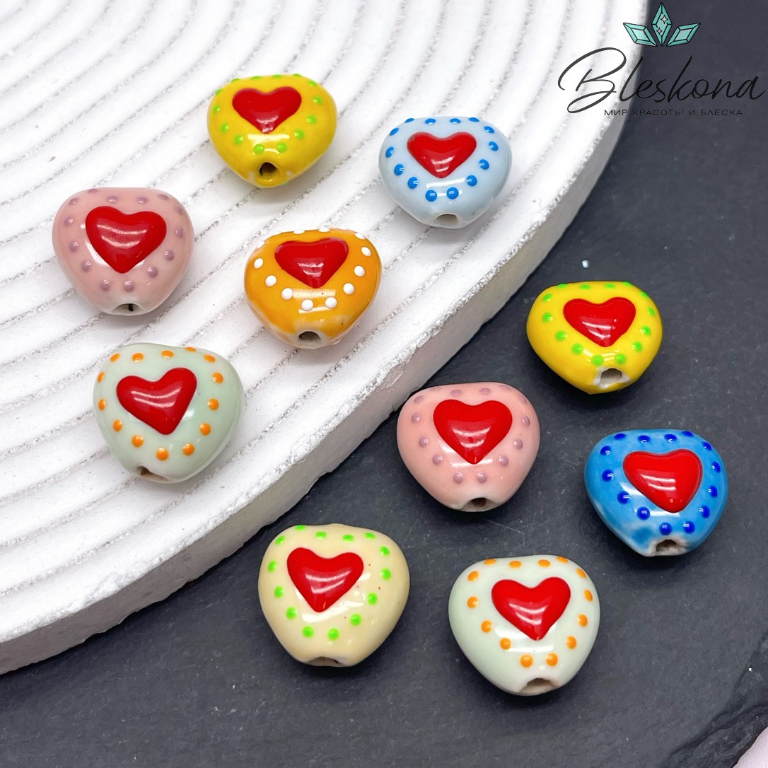 14,5 мм Бусина сердце, керамика цвет микс №2 (5 штук)