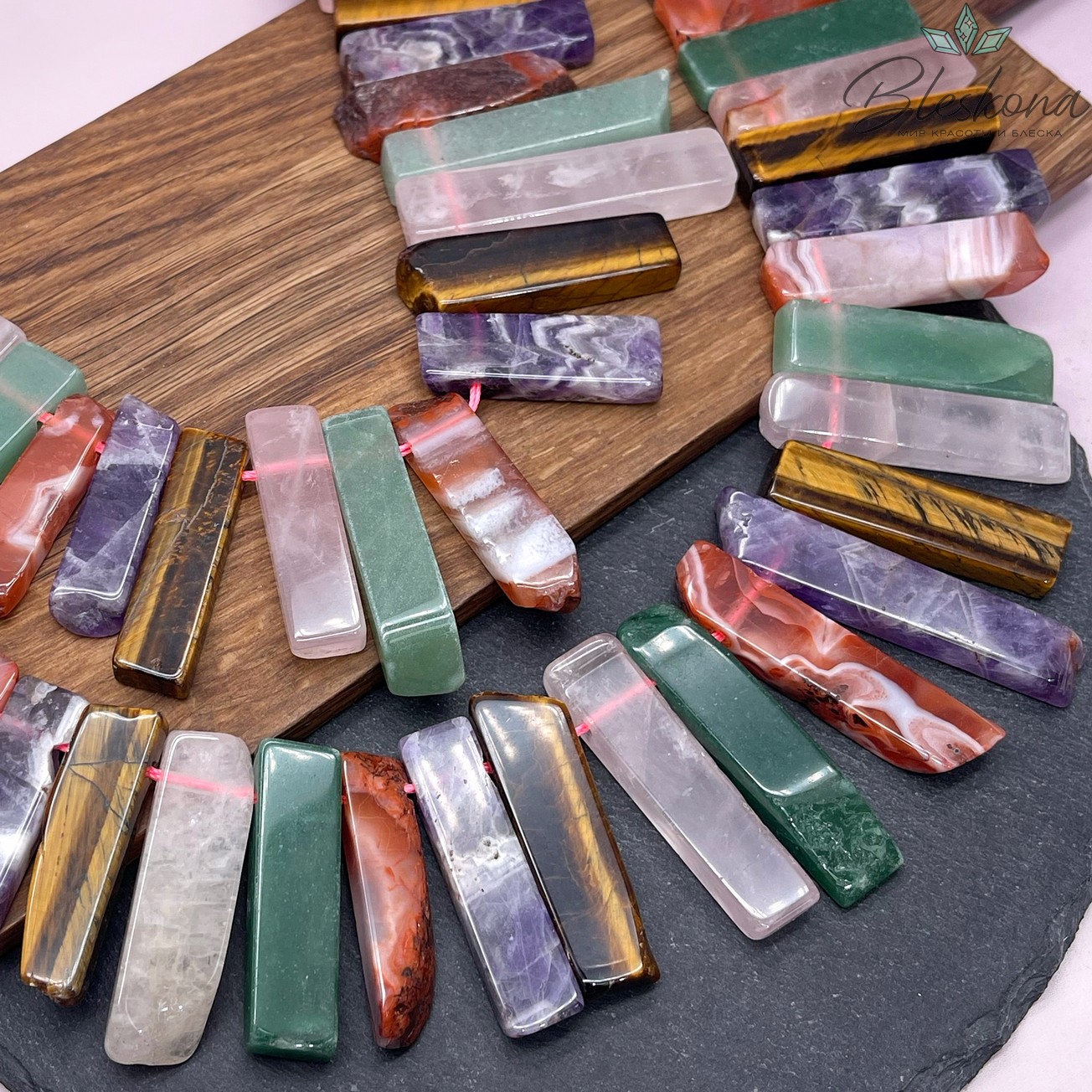 Микс бруски розовый кварц, авантюрин, сердолик, аметист, тигровый глаз (25-53)*(14-18) мм