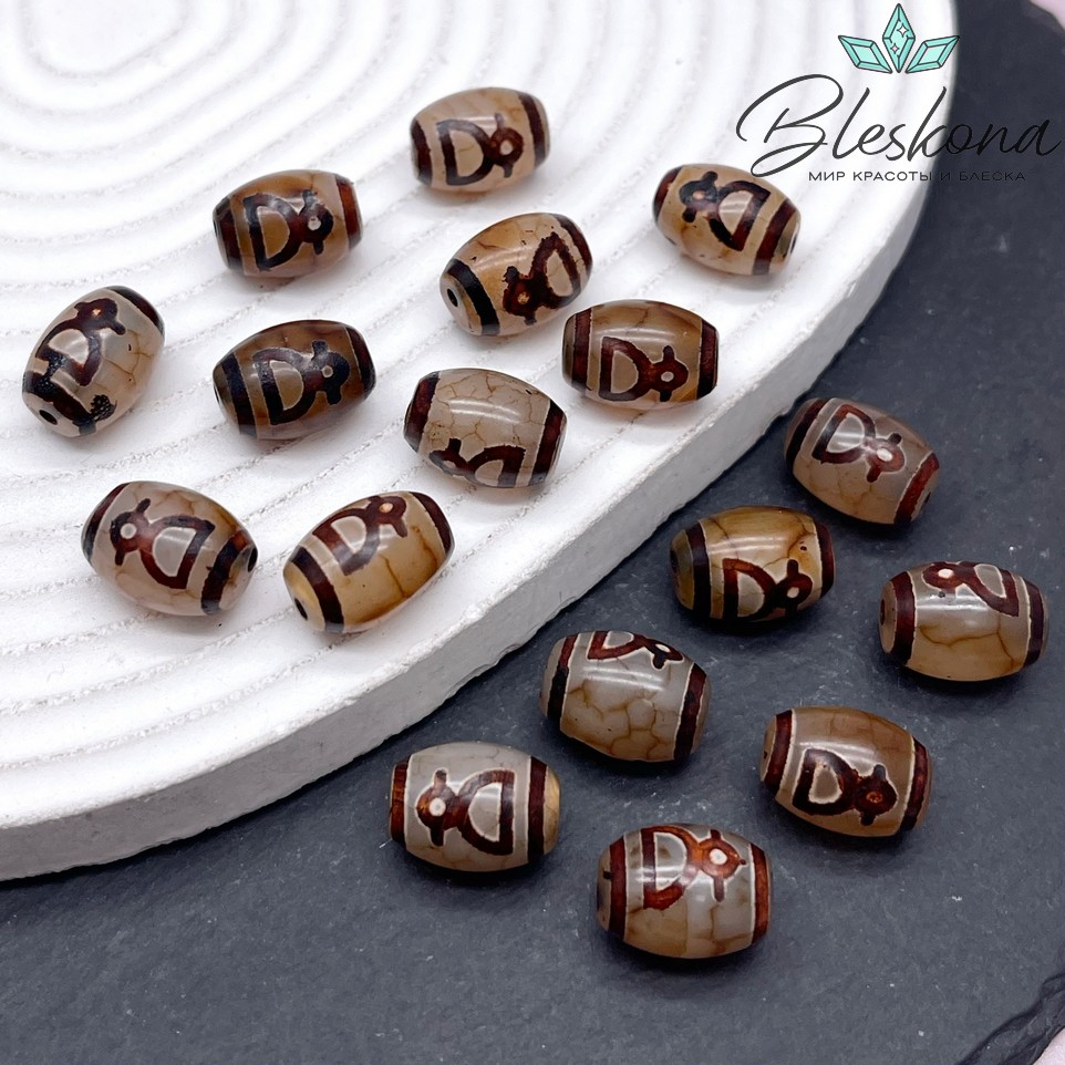 Бусина Дзи Кубера серо-коричневый бочонок 10*14 мм