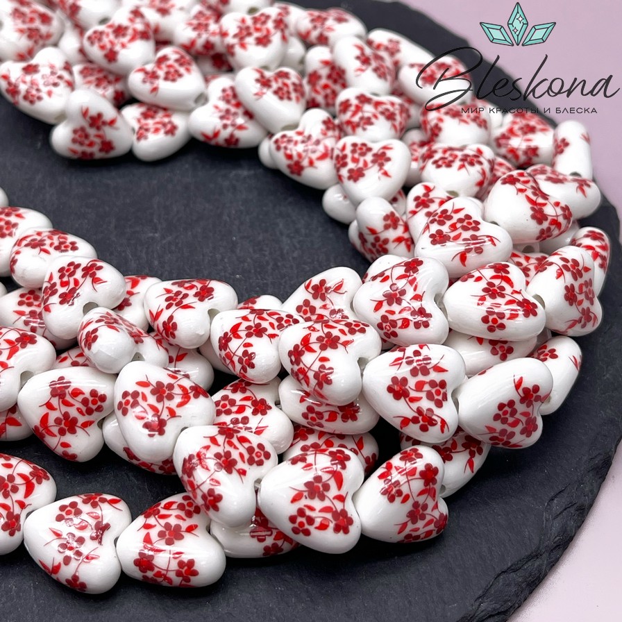 15*15 мм Керамика Бусина сердце роспись гжель №10