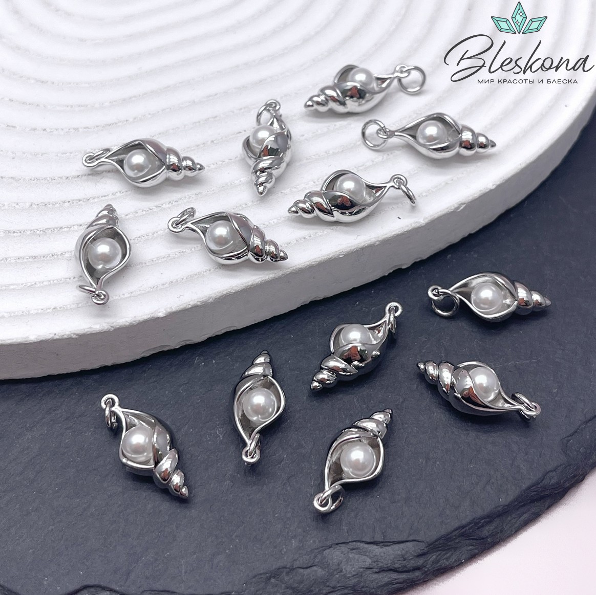 19*8,5 мм Цвет серебро, Подвеска Ракушка с жемчугом Майорка 