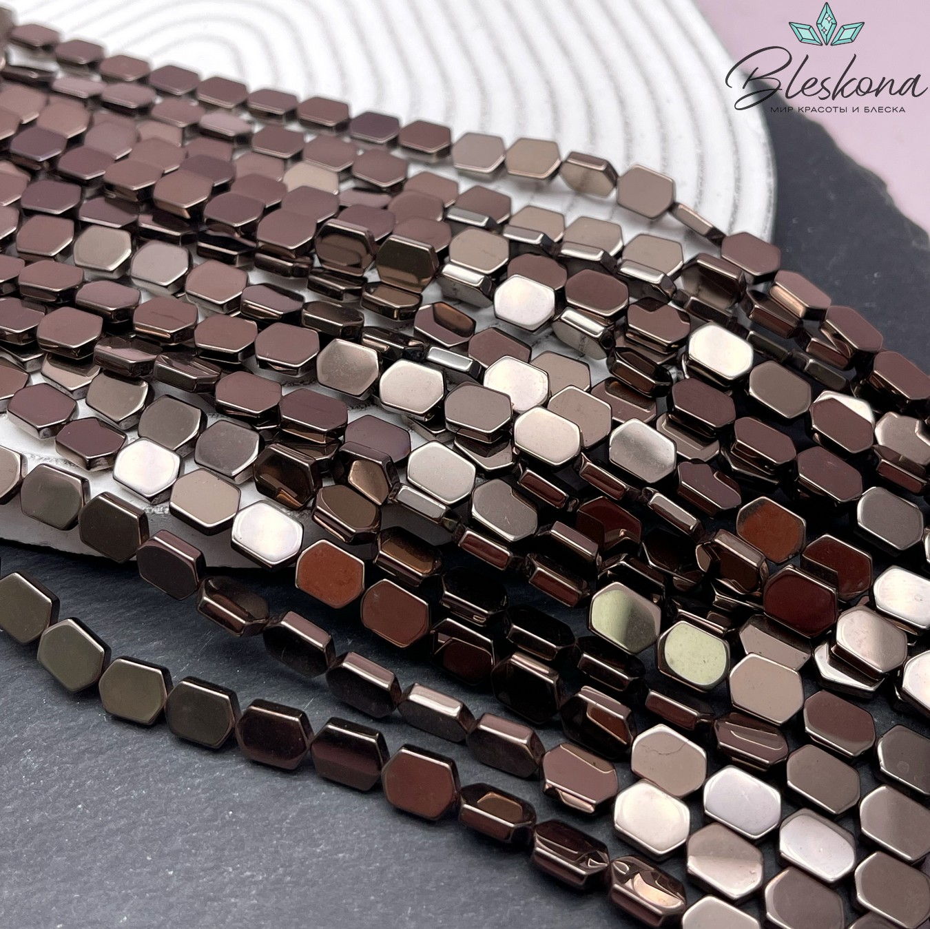 8*6 мм Гематин, цвет коричневый №1 (шоколадный), вытянутый шестигранник имитация