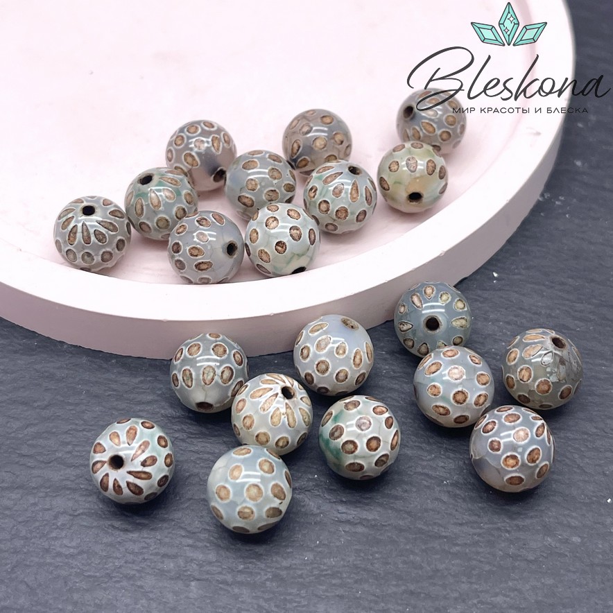 Бусина Дзи точки зелено-коричневый шар 10 мм уп.10 шт.