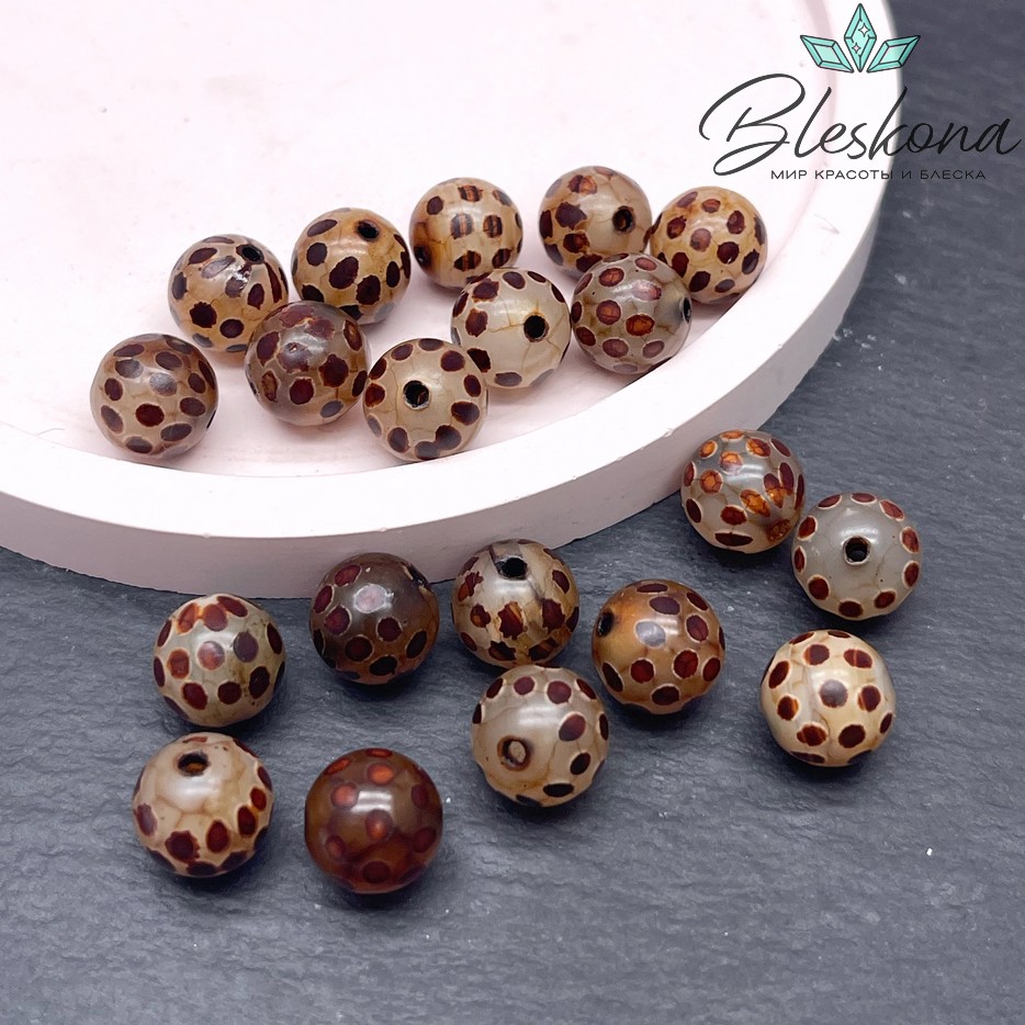 Бусина Дзи точки серо-коричневый шар 10 мм уп.10 шт.