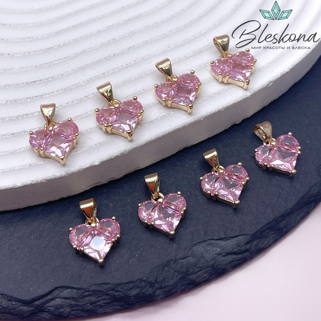 12,7*11,8 мм Цвет золото, Подвеска Сердце розовые цирконы 
