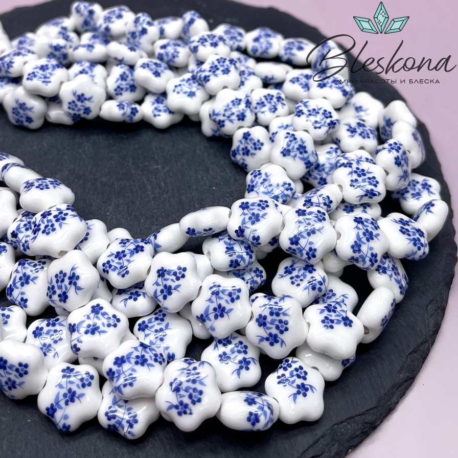 14,5*14 мм Керамика Бусина цветок роспись гжель №2