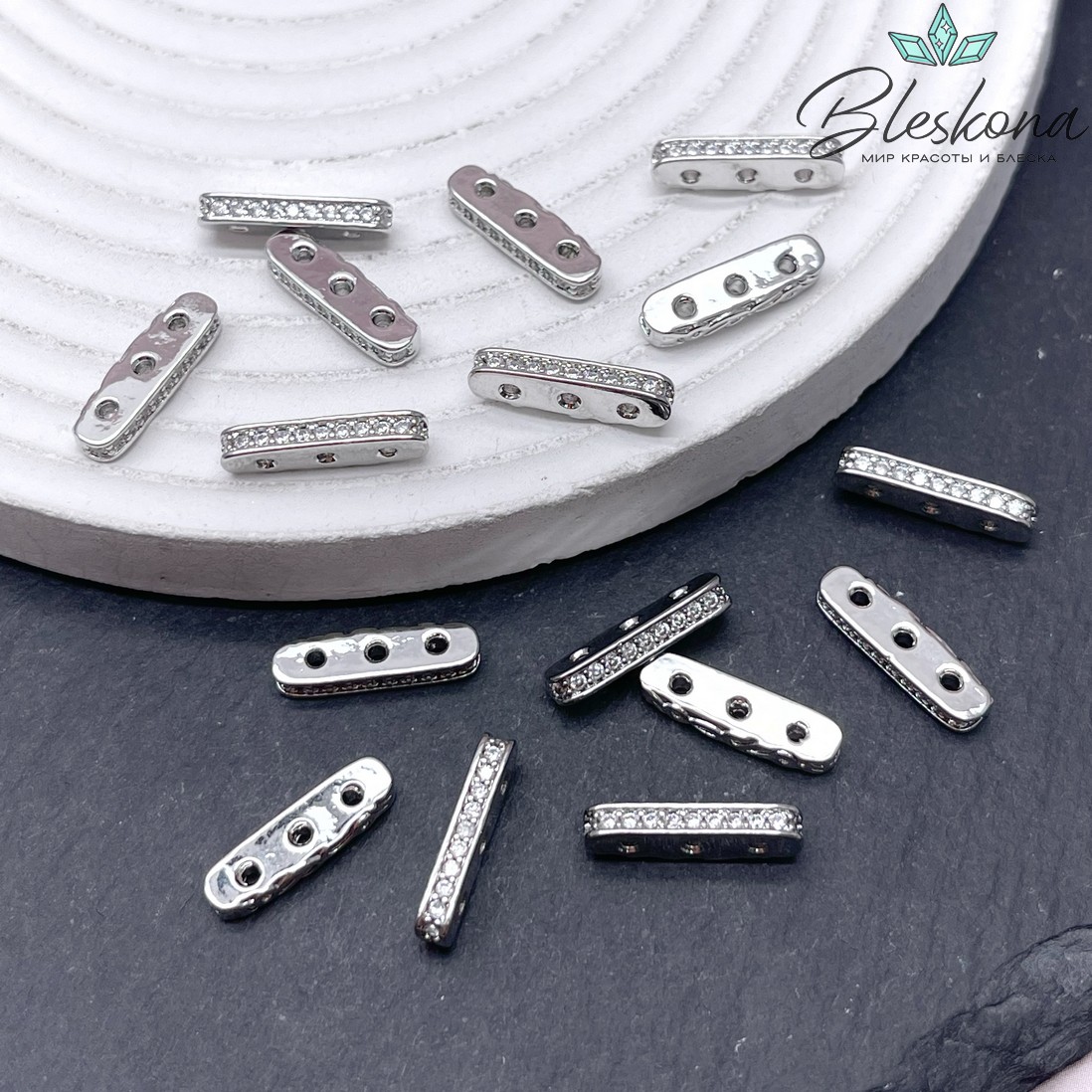 16*2,6 мм Цвет серебро, Бусина разделитель 2 ряда цирконы