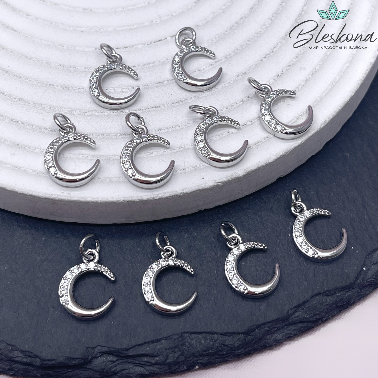 14*11 мм Цвет серебро, Подвеска полумесяц с цирконами