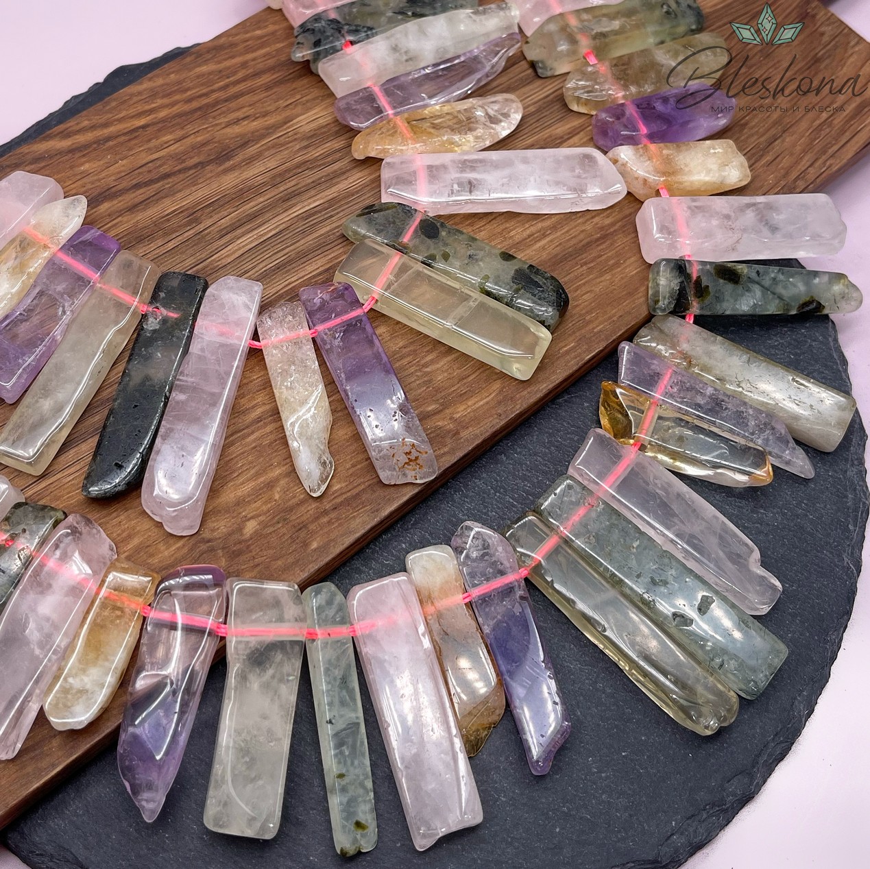 Микс бруски розовый кварц, аметист, цитрин, пренит (20-45)*(9-12) мм