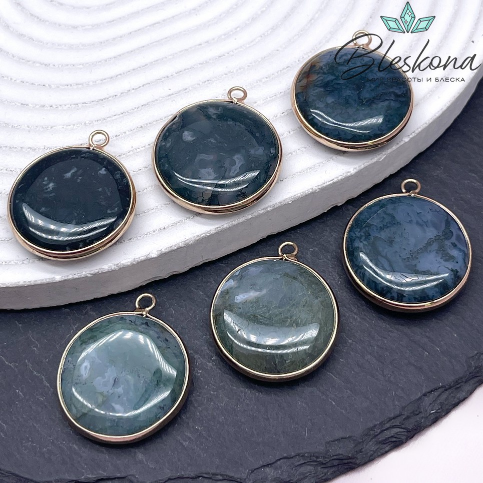 35*30 мм цвет золото, Подвеска круг Моховой агат