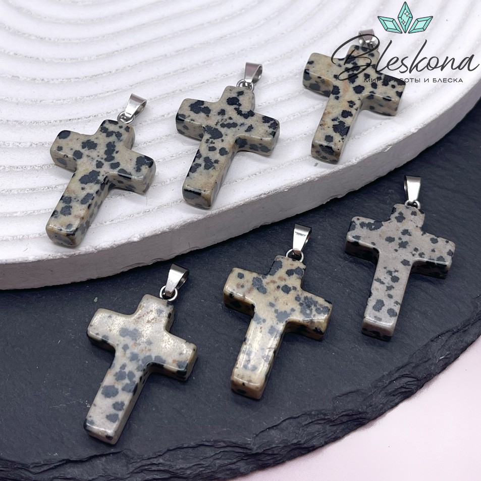 Подвеска крест Яшма далматиновая, цвет серебро 28*18 мм