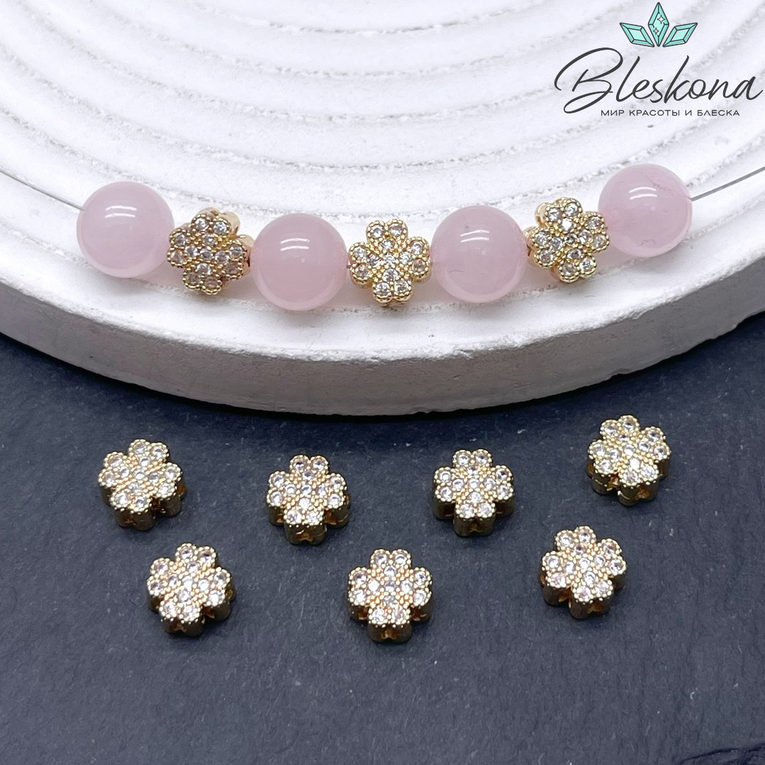 7 мм Цвет золото, Бусина Клевер цирконы