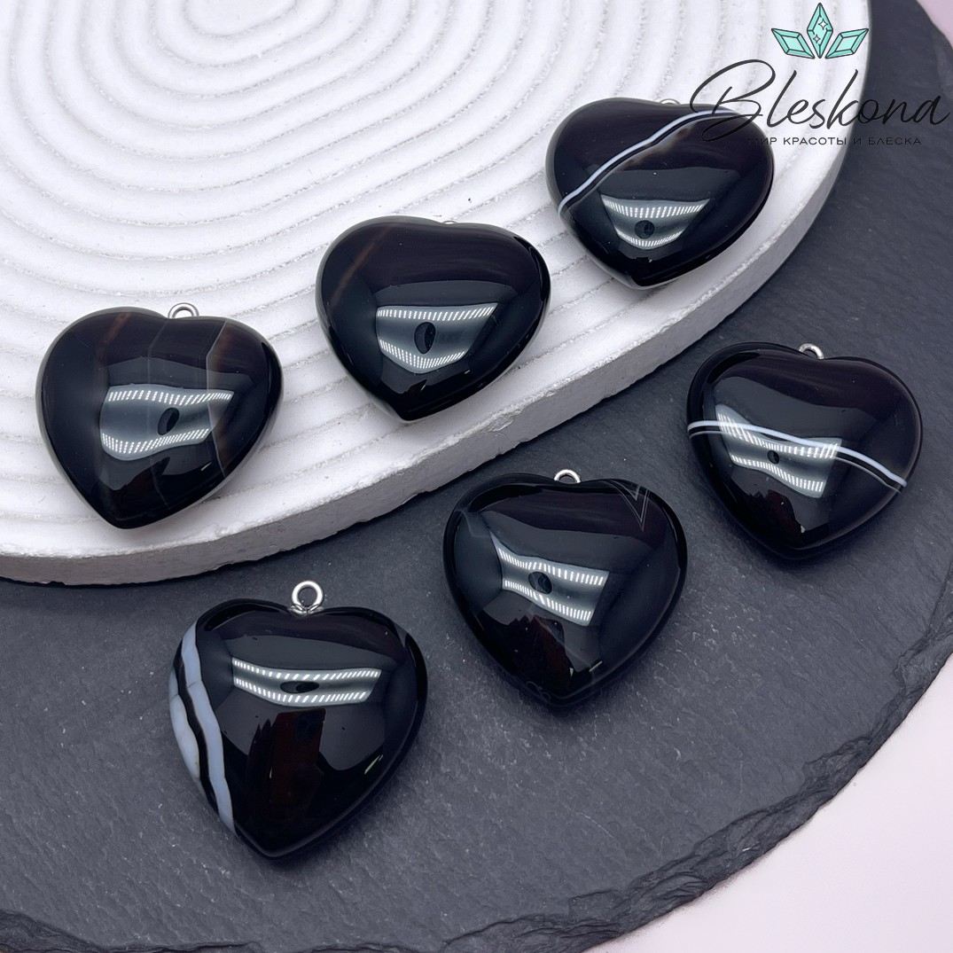 30*29 мм Цвет серебро, Подвеска Сердце Агат черный с прожилками