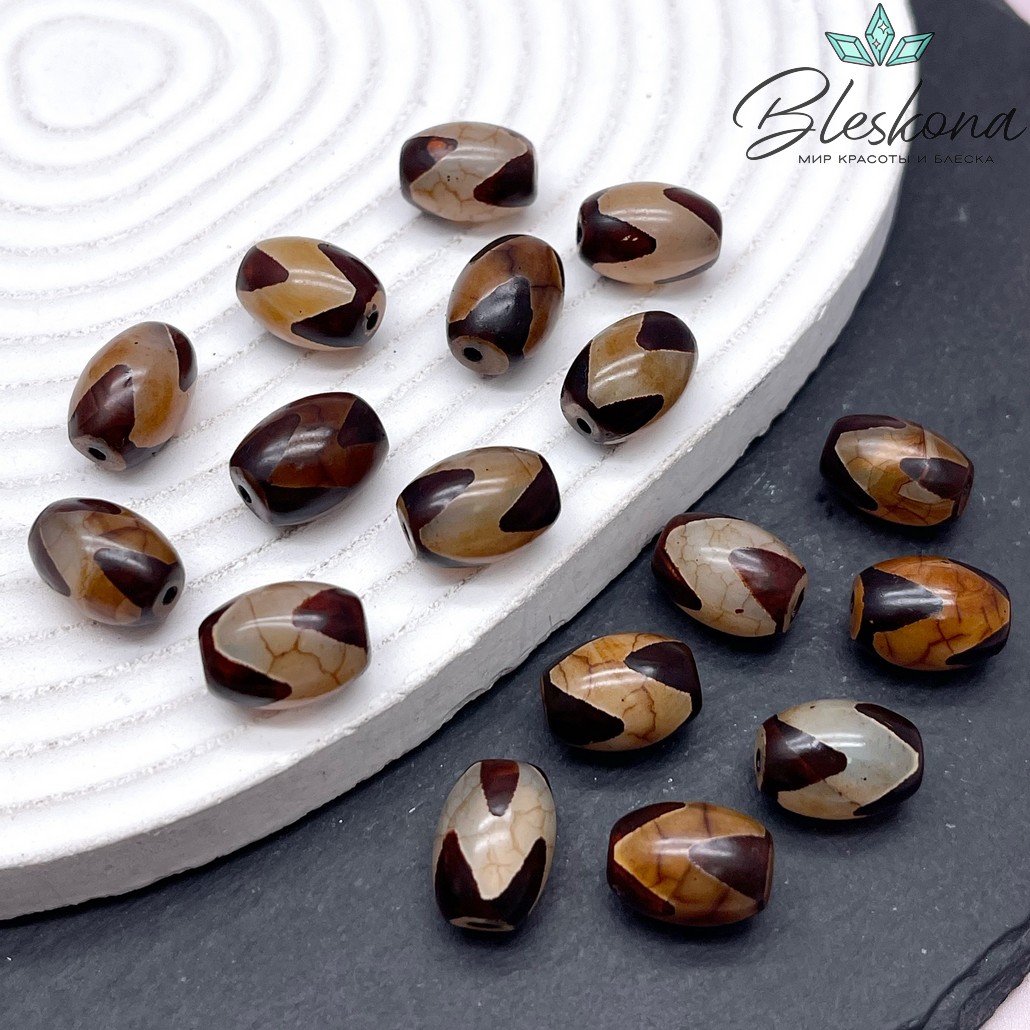 Бусина Дзи Тигриный клык серо-коричневый бочонок 10*14 мм