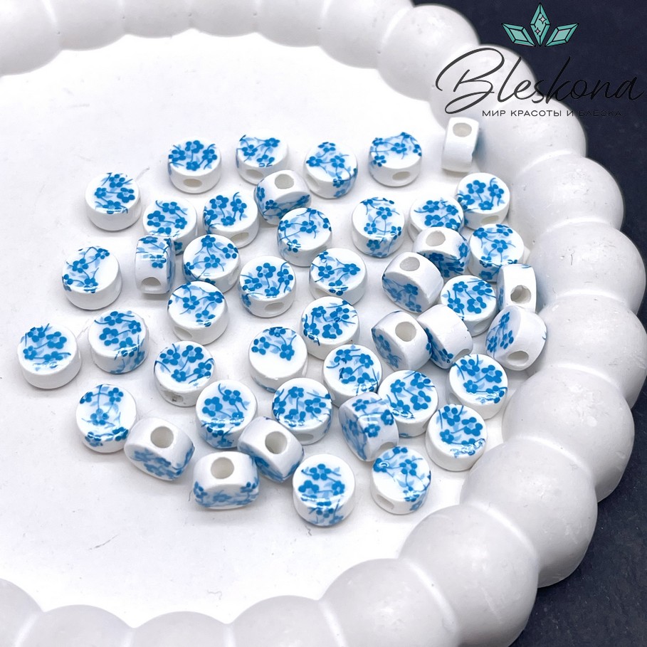8,5 мм Керамика Бусина таблетка роспись гжель №30 (штучно)
