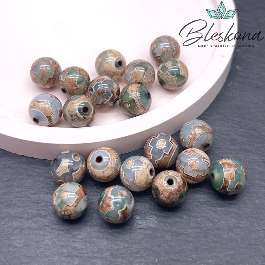 Бусина Дзи 3 глаза и мирный крест серо-зеленый шар 10 мм уп.10 шт.