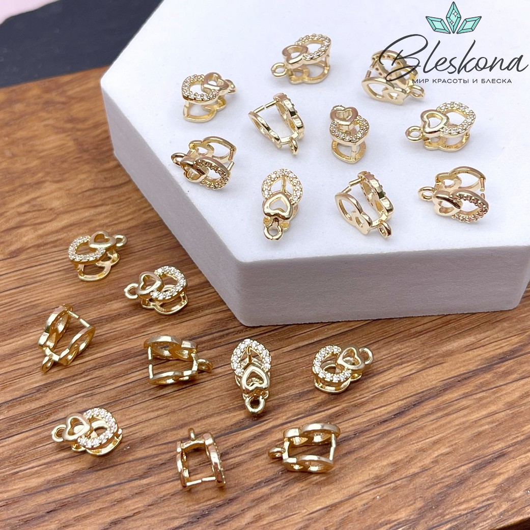 11,5*6,5 мм Цвет золото, Бейл Зажимной сердечки цирконы