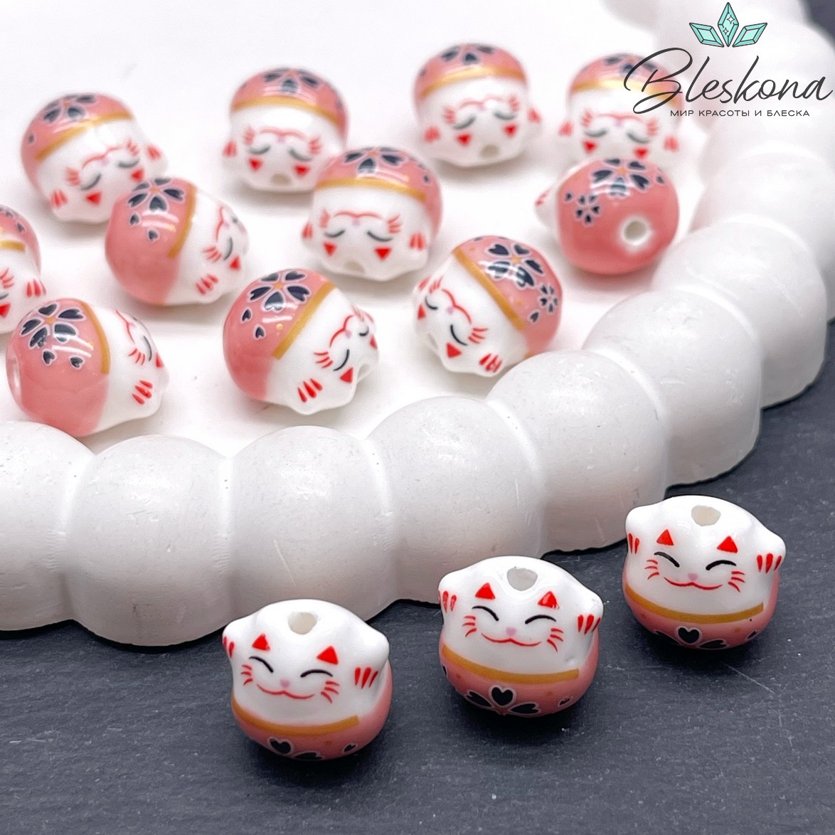 13,5*13 мм Керамика бусина Котик розовый