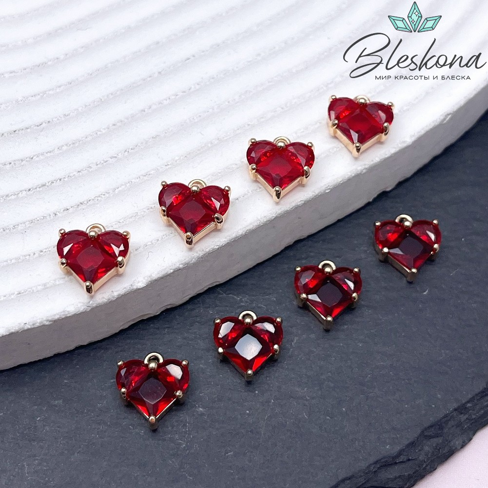 10*9,5 мм Цвет золото, Подвеска Сердце красные цирконы