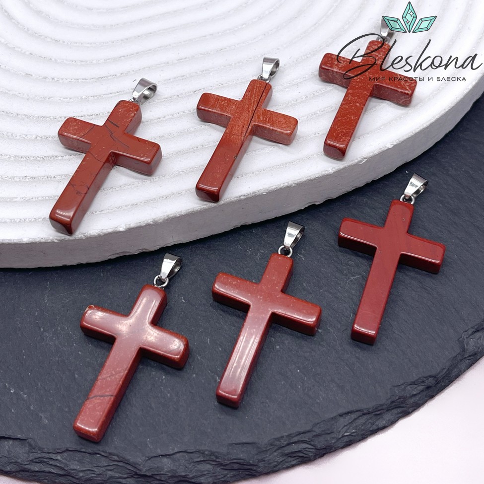 Подвеска крест Яшма красная, цвет серебро 32*20мм