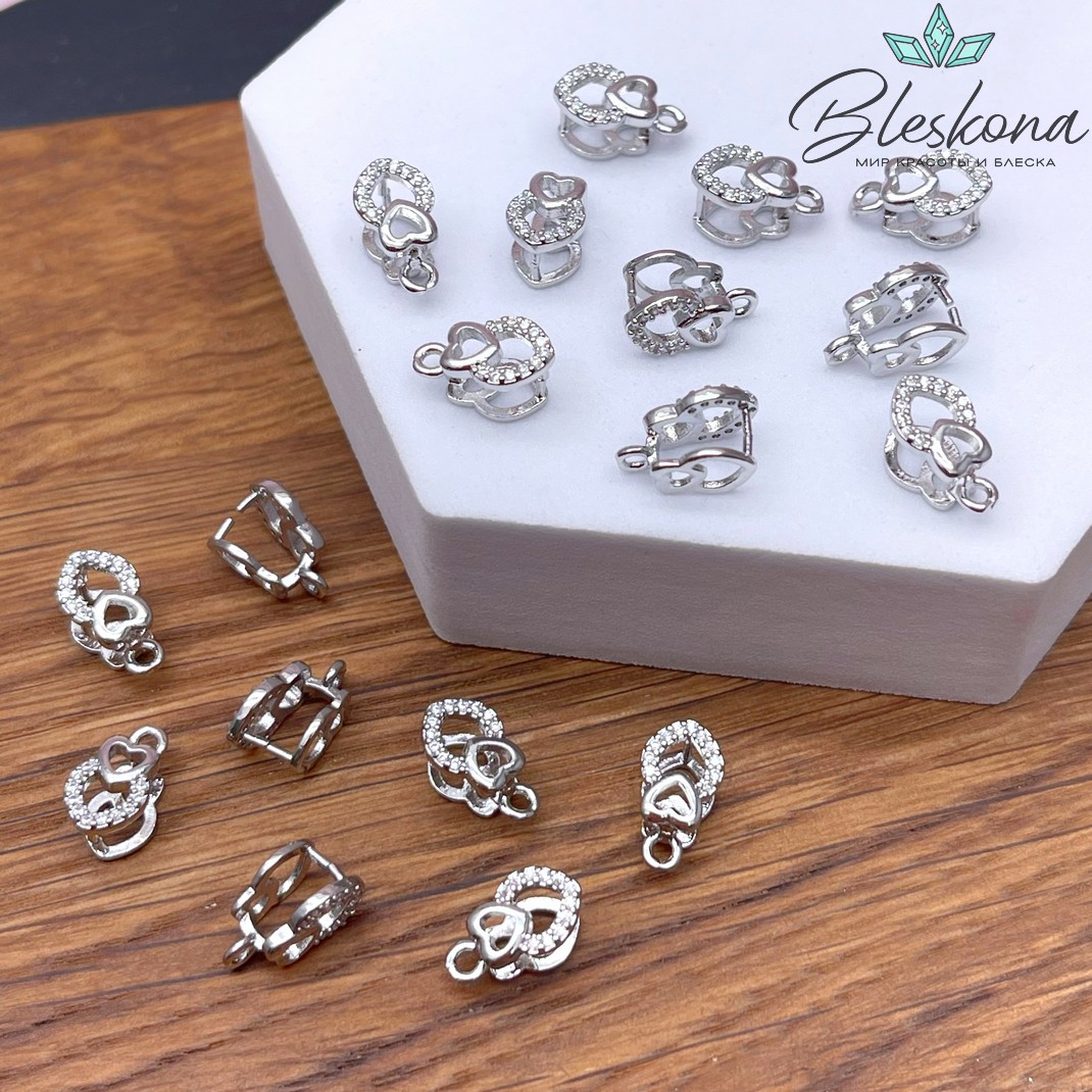 11,5*6,5 мм Цвет серебро, Бейл Зажимной сердечки цирконы