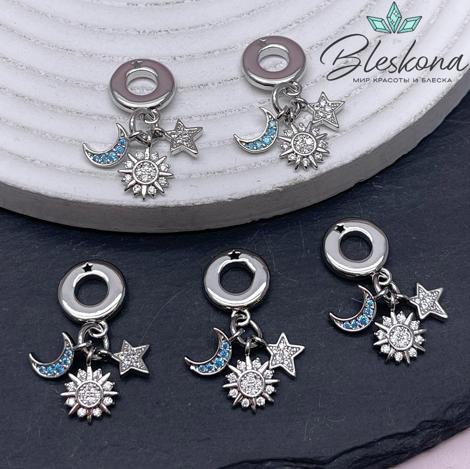 26*8 мм Цвет серебро, Подвеска солнце, луна, звезда цирконы