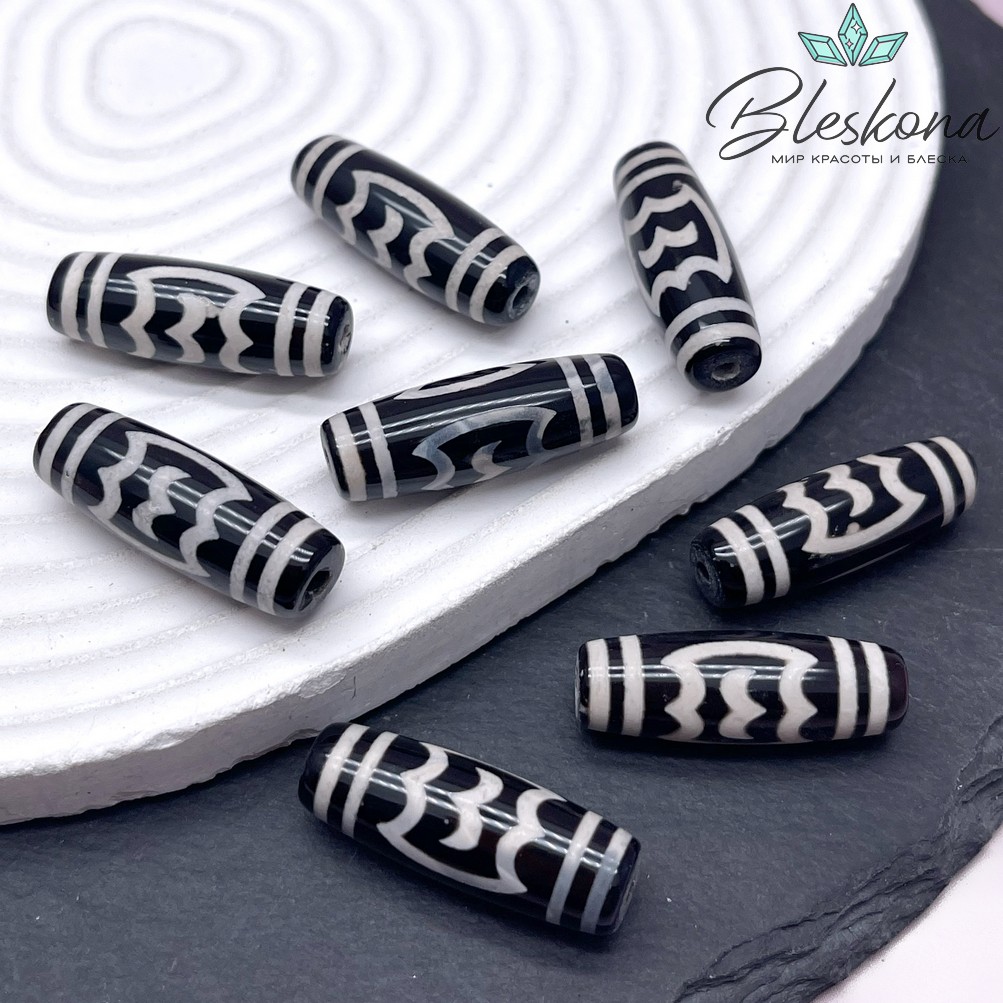 Бусина Дзи Птица Гаруда черно-белый бочонок 30*11 мм