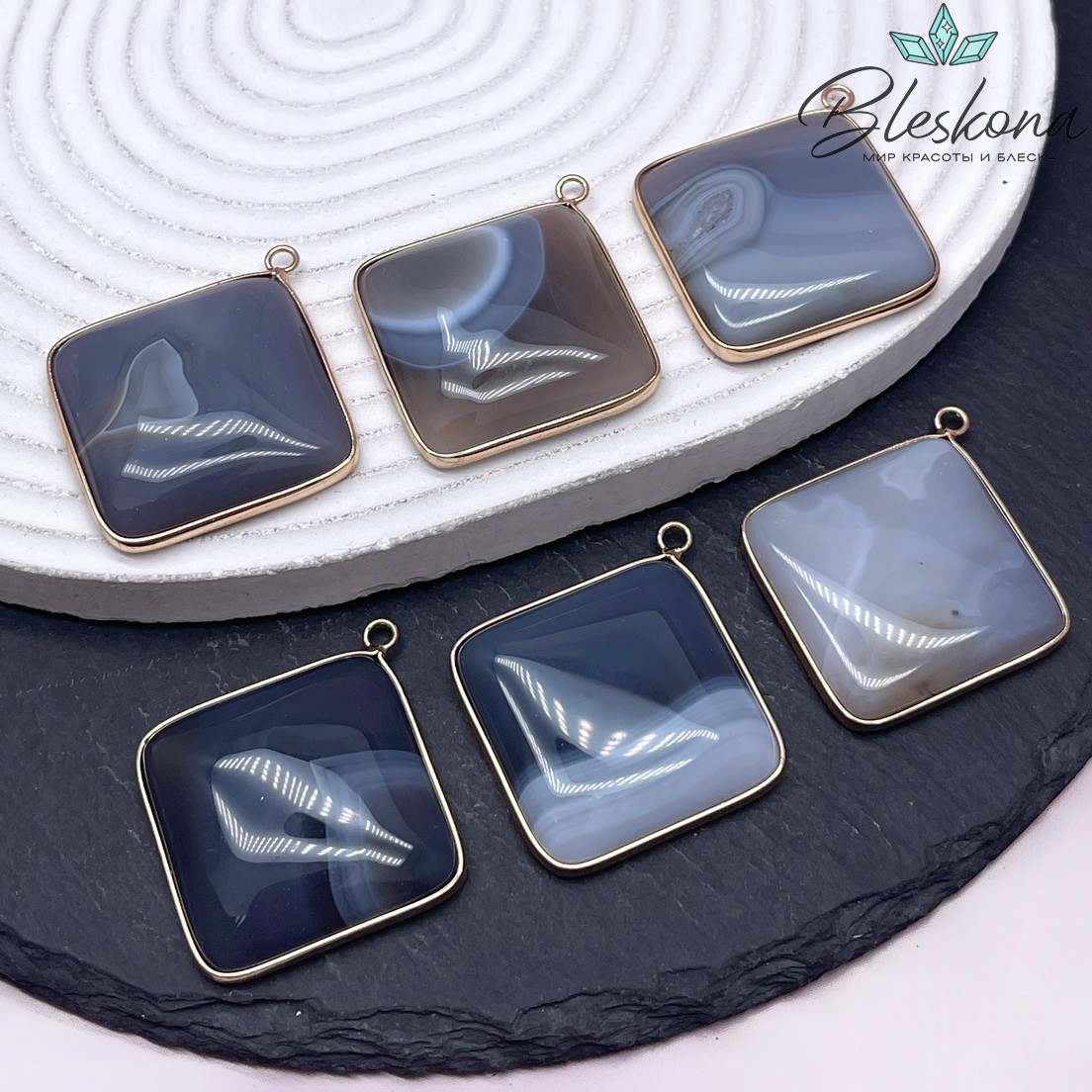 43*39 мм Цвет золото, Подвеска ромб Агат серый