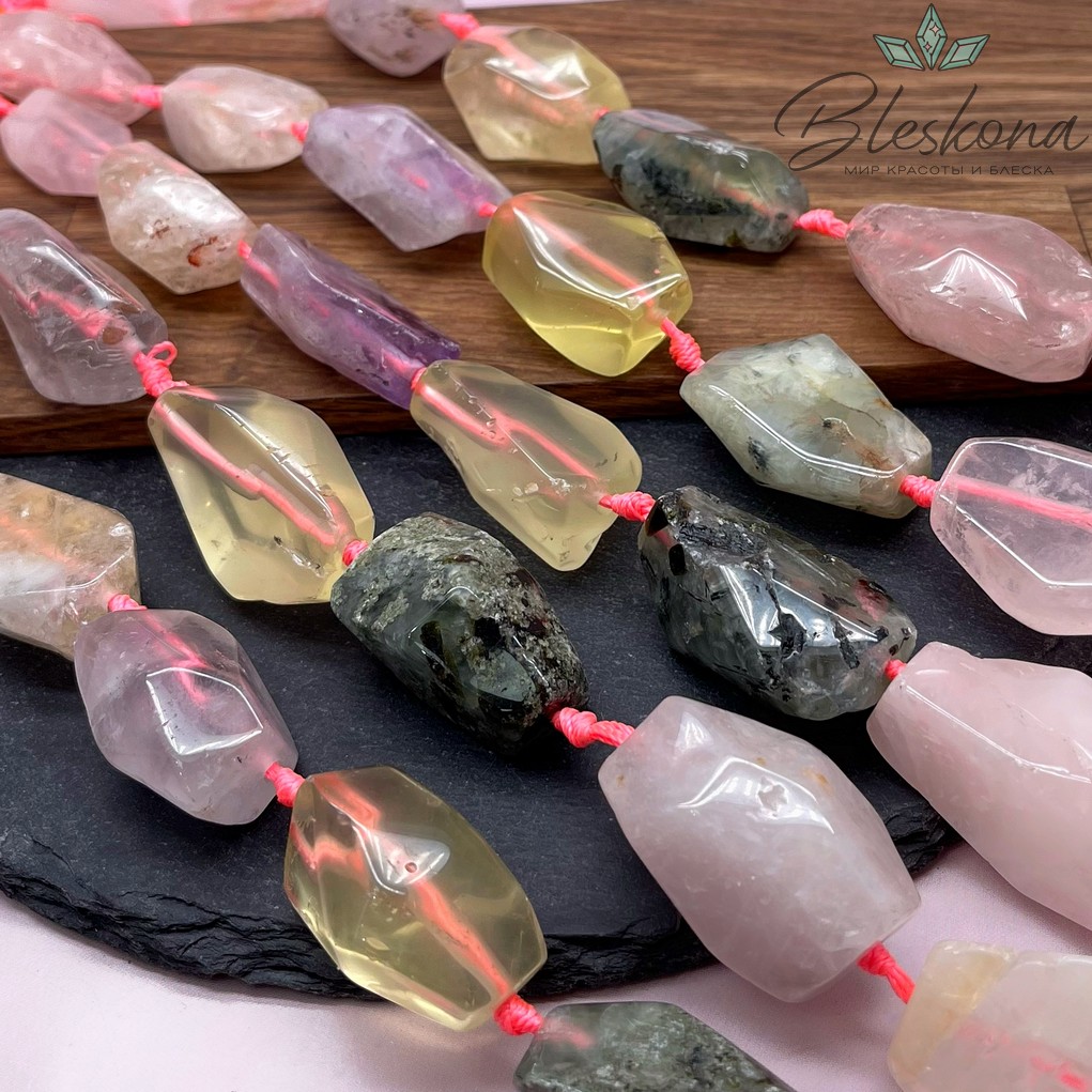 Микс фриформ огранка розовый кварц, аметист, цитрин, пренит (26-40)*(16-21) мм
