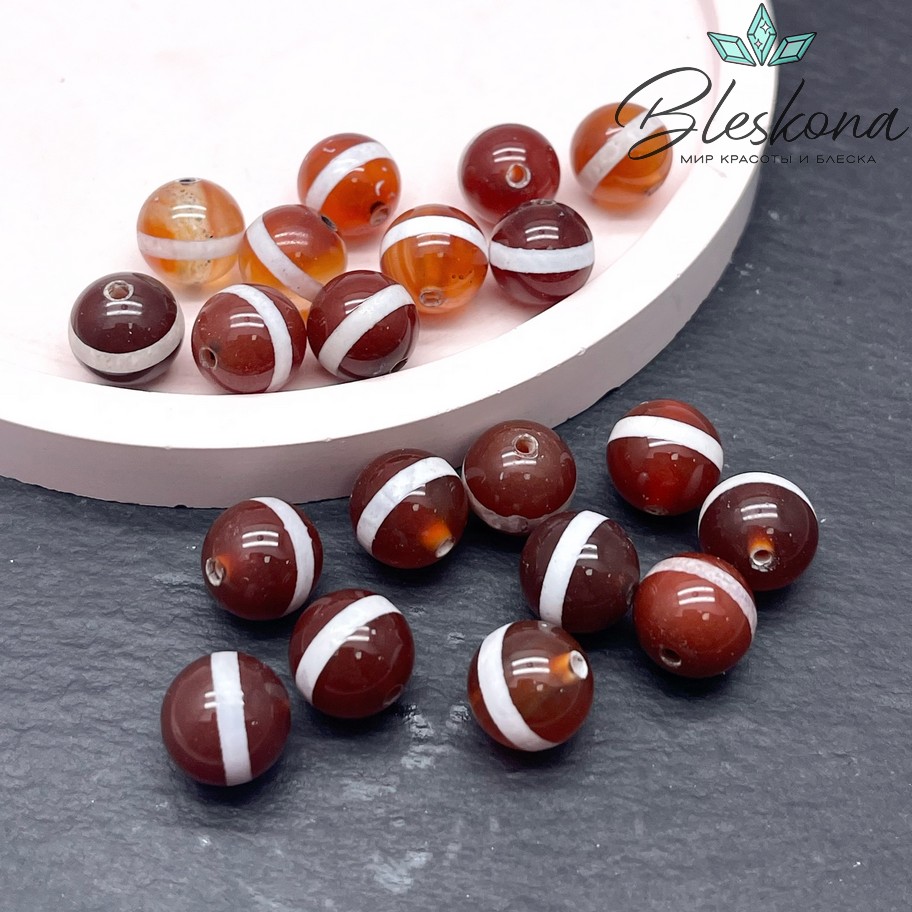 Бусина Дзи Медицина бело-коричневый шар 10 мм уп.10 шт