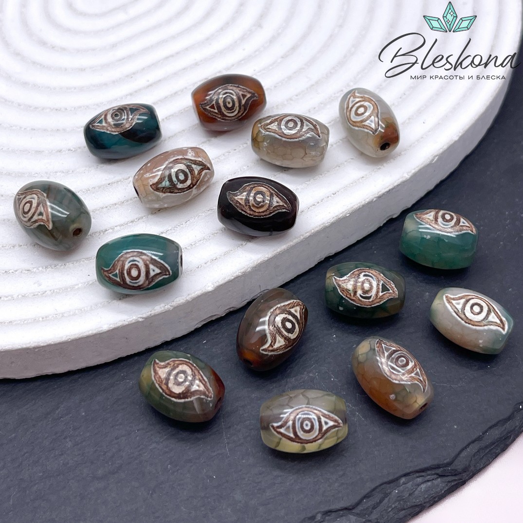 Бусина Дзи 2 глаза Феникса зелено-коричневый бочонок 10*14 мм