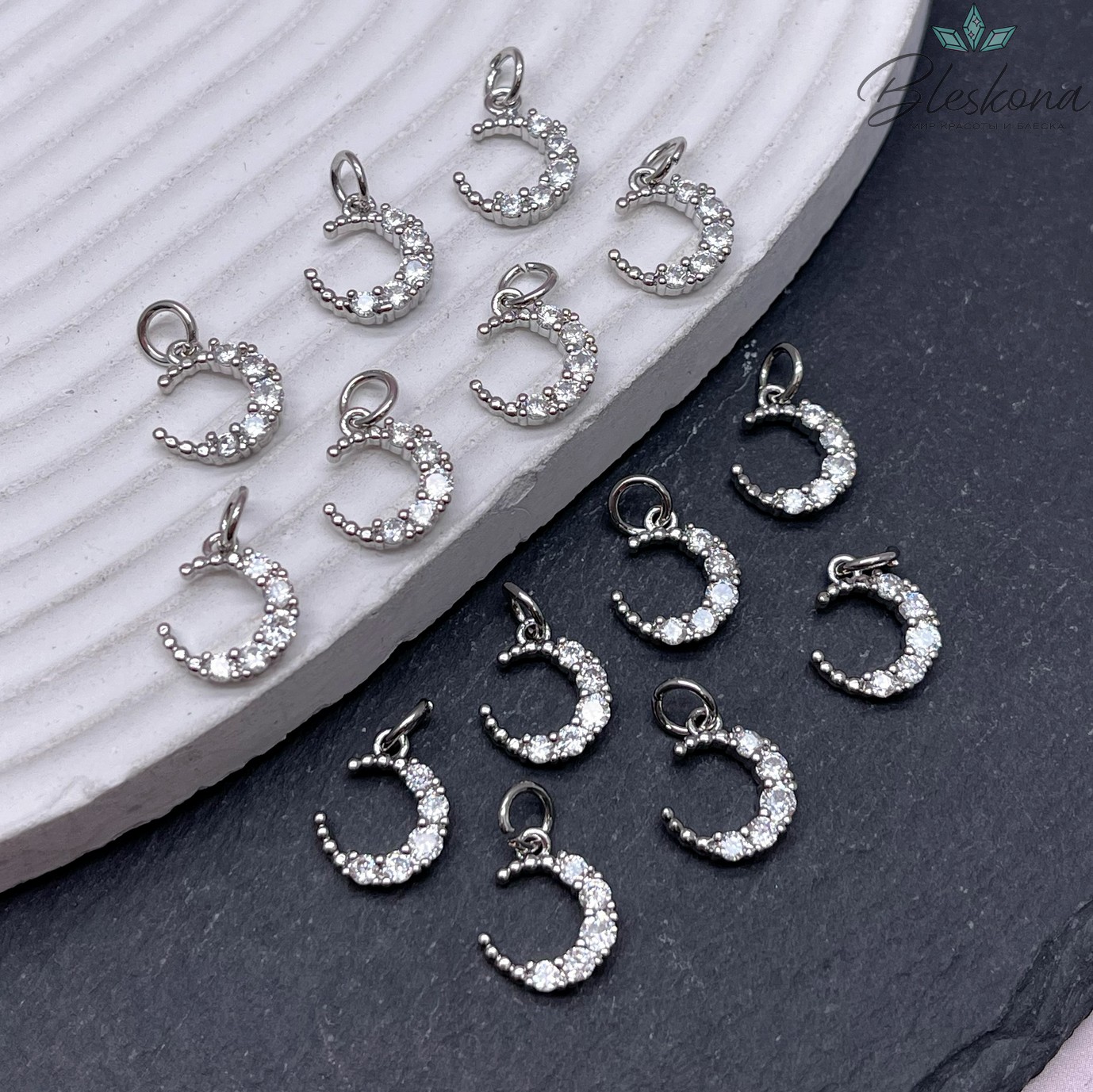 12*10 мм,цвет серебро,Подвеска полумесяц цирконы 