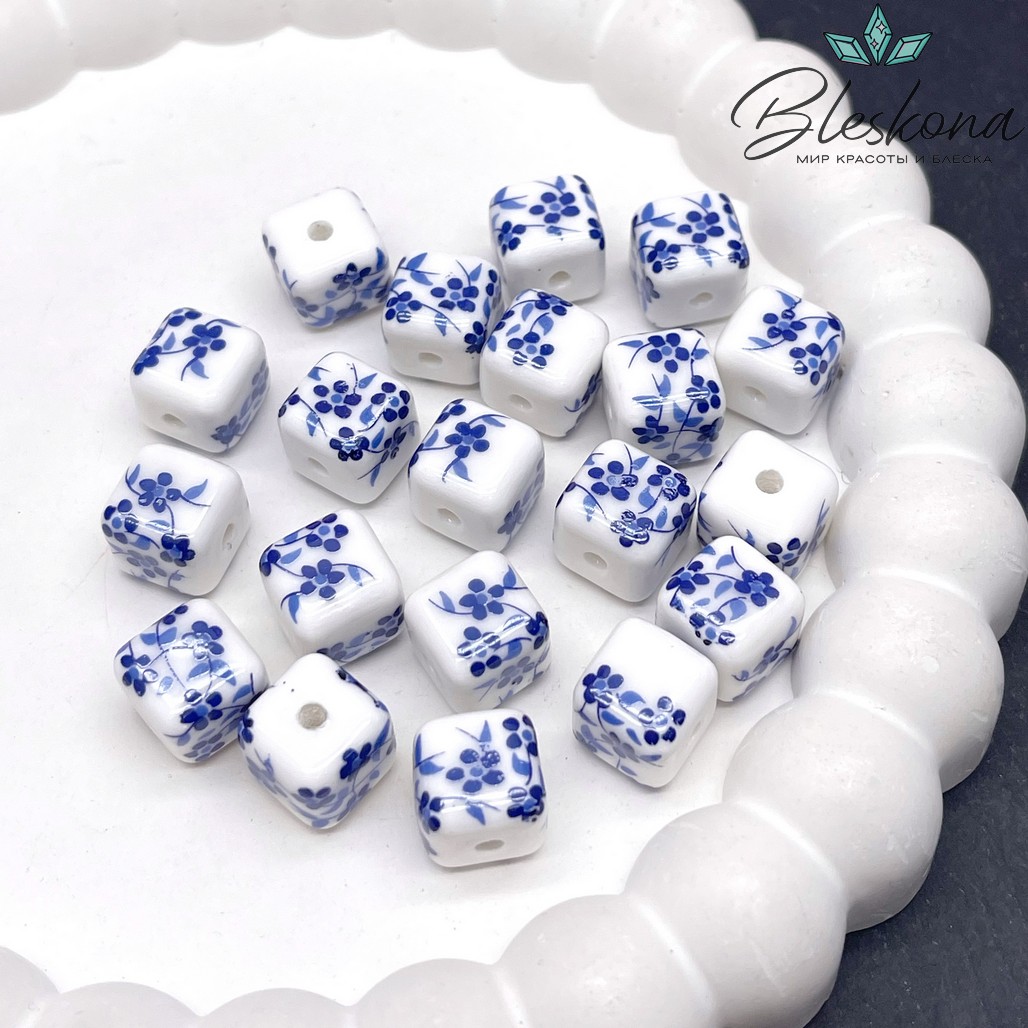 10 мм Керамика Бусина Куб роспись гжель №2 (штучно)