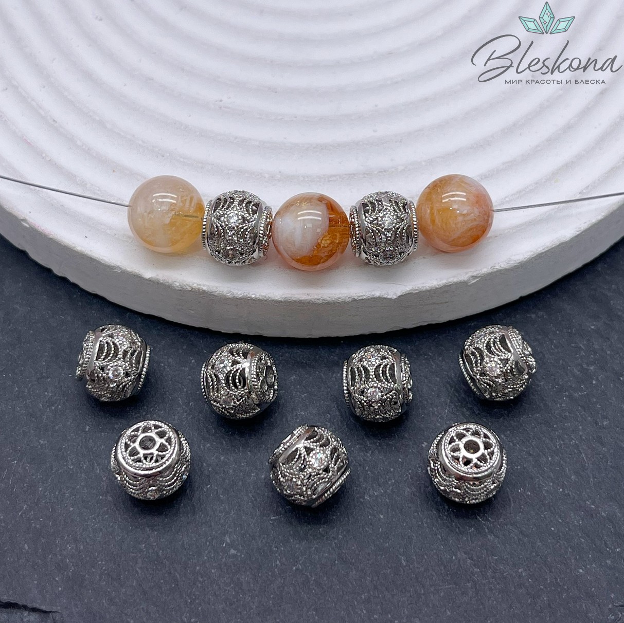 9*10 мм Цвет серебро, Бусина - разделитель бочонок