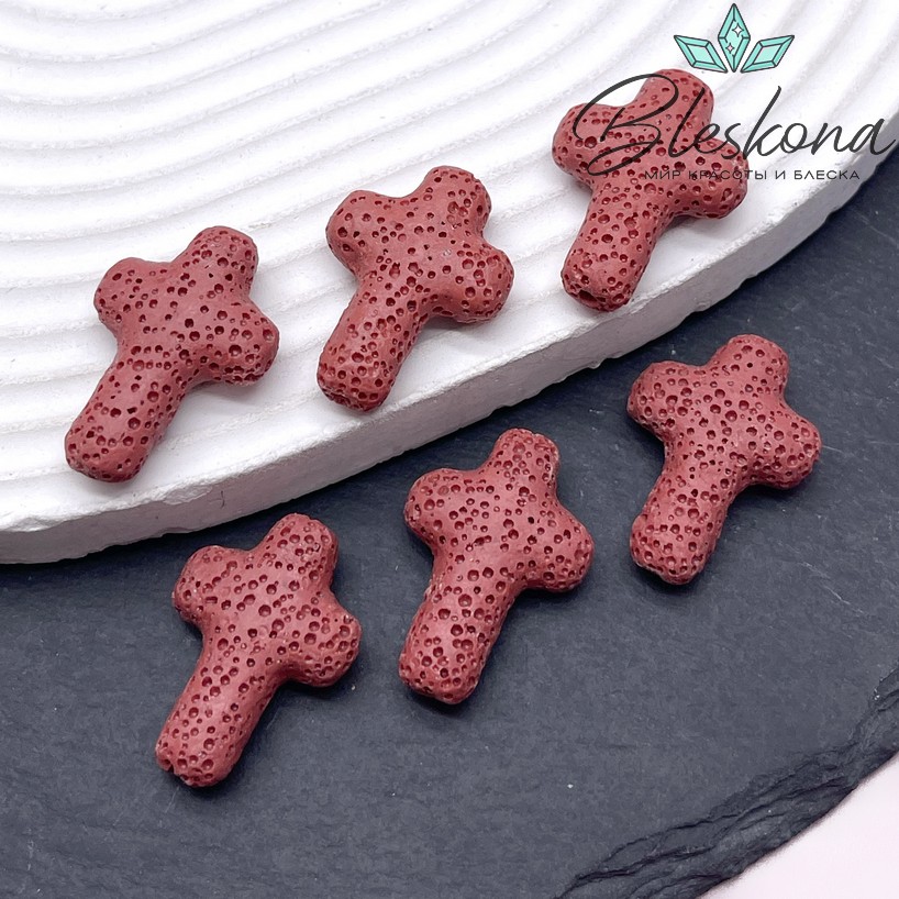 Лава Вулканическая Бусина крест красный 27*19 мм