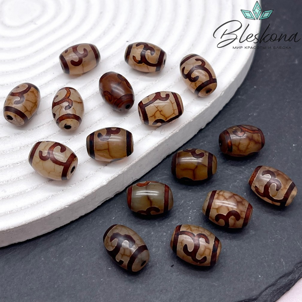 Бусина Дзи Зеленая тара серо-коричневый бочонок 10*14 мм