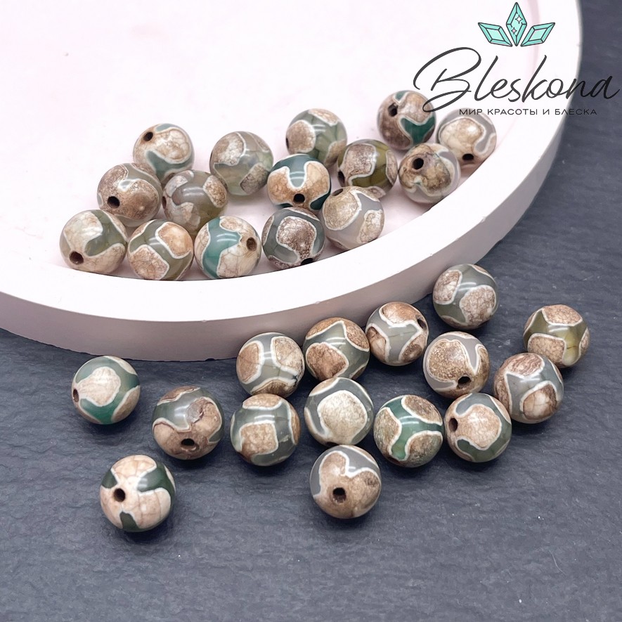 Бусина Дзи Черепаха зелено-коричневый шар 8 мм уп.15 шт.