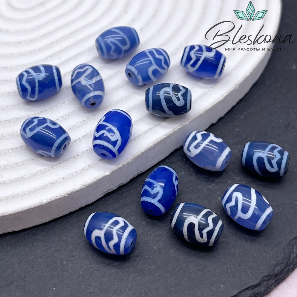 Бусина Дзи Лотос бело-синий бочонок 10*14 мм